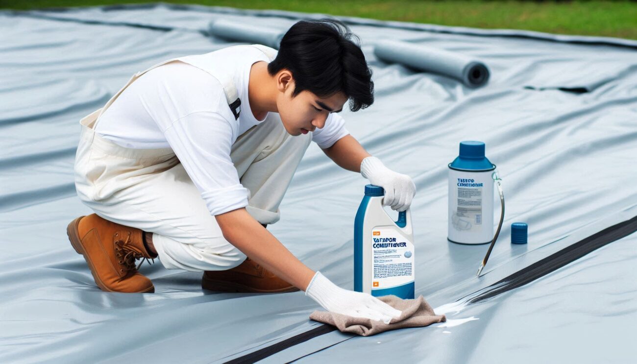 A person applying tarp conditioner with a cloth to a large tarpaulin