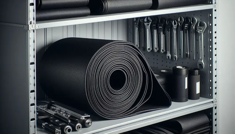 rolled tarpaulin stored in a clean garage