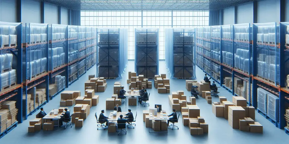 warehouse with goods neatly covered by tarps