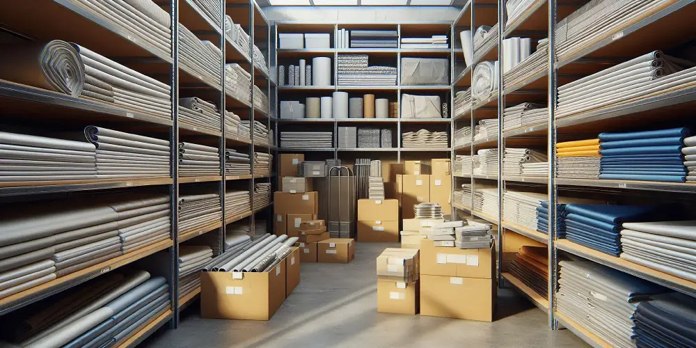 well-organized storage area with folded tarpaulins on shelves