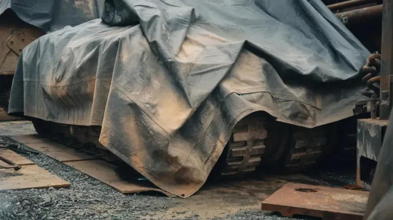 Heavy-duty tarpaulin covering industrial equipment.