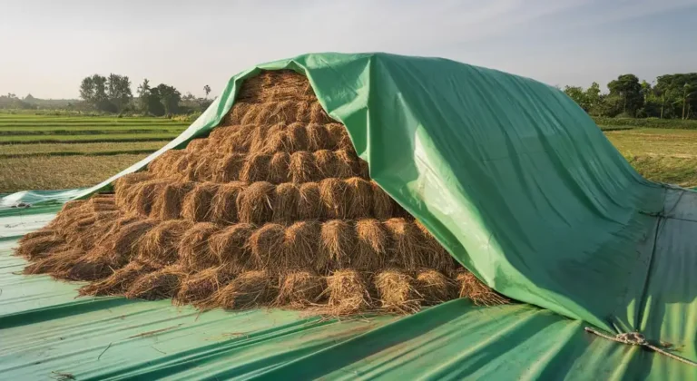 Durable custom tarpaulin for protecting paddy fields from weather.