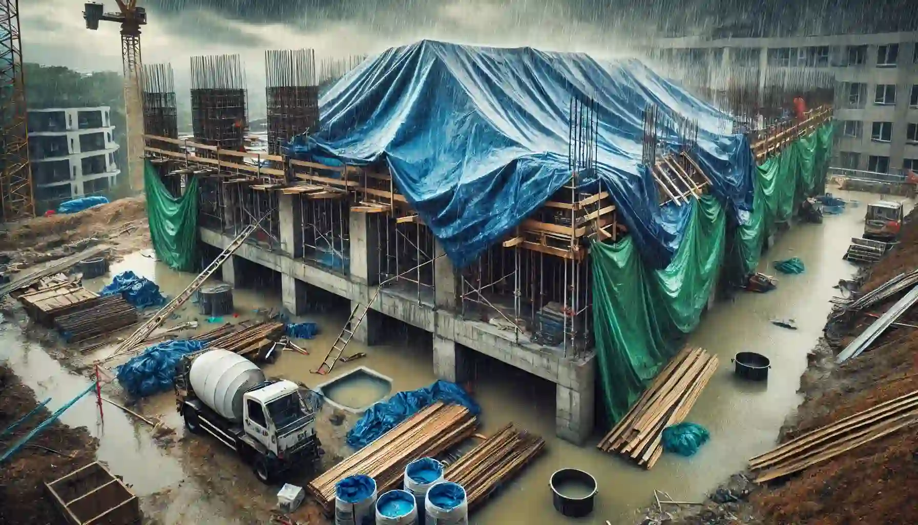 Tarpaulin sheets protecting a construction site during rain.