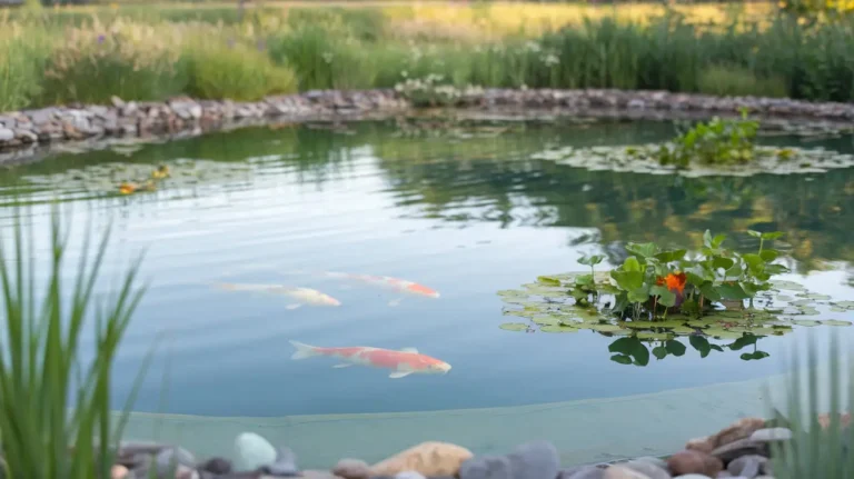 A serene pond surrounded by greenery, thriving with fish and plants thanks to an HDPE liner.