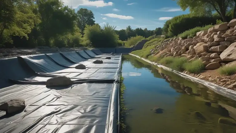 Protecting HDPE pond liner edges from sunlight with rocks and plants.