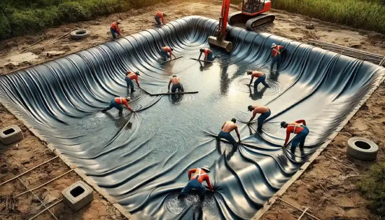 Workers smoothing out wrinkles in an HDPE pond liner during installation.