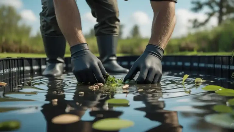 Regular maintenance of a pond with an HDPE liner, including debris removal and inspection.