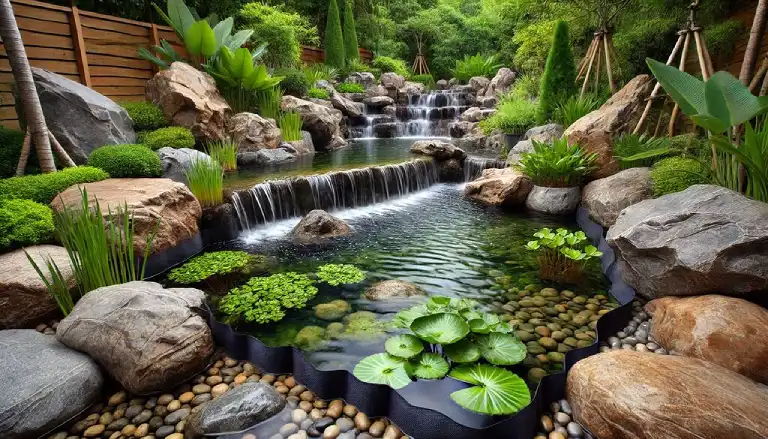 An intricate pond design lined with HDPE, featuring rocks, plants, and waterfalls.